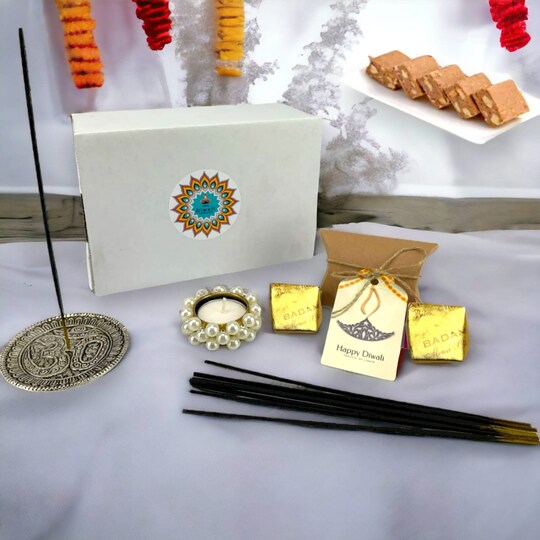 Personalized Diwali Gifts Hamper Indian Festival Om Incense Stick Holder Candle Holder Custom Gift Boxes Sweets for Employees Friends Family & Relatives - Deepawali Return Gifts Items